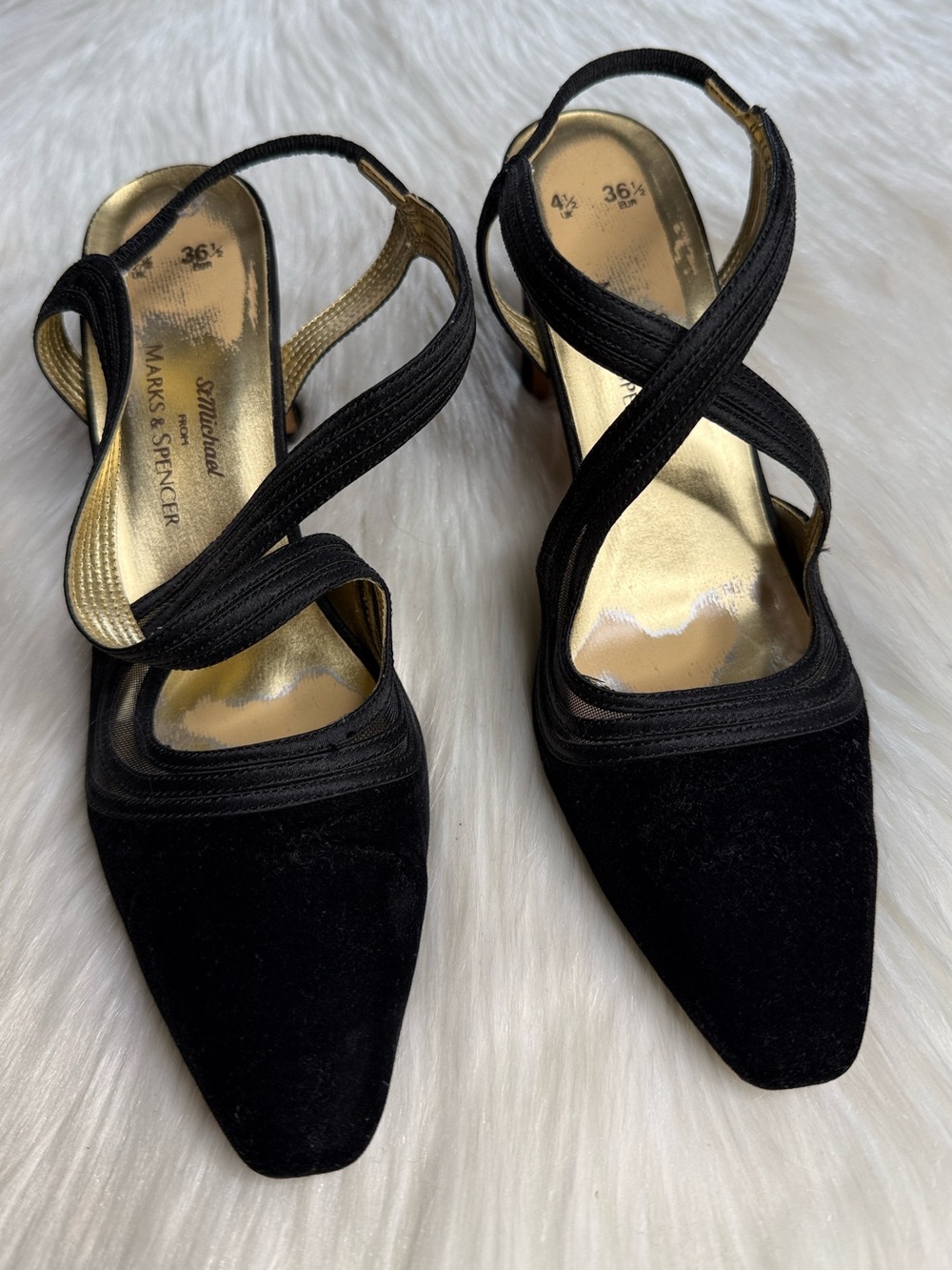 Vintage St. Michael for Marks & Spencer Black Velvet Criss Cross Slingback Heels